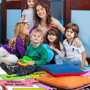 Chalkboard motif area rug styled on light hardwood flooring beneath study room furnishings. - thumbnail image 4 of 8