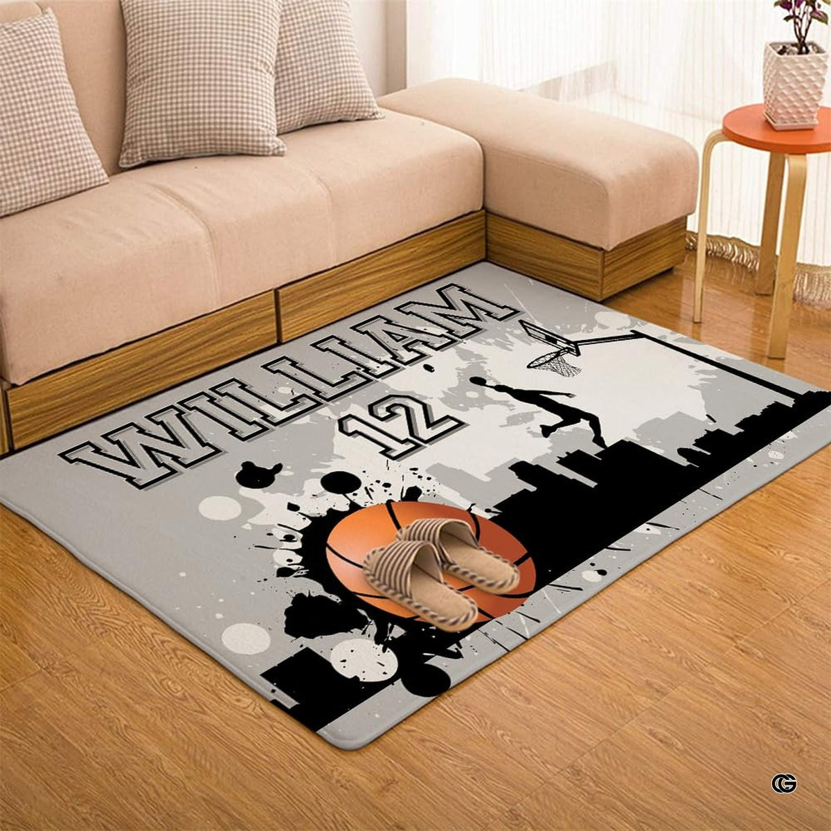 Top-down overhead view of rectangular city basketball dunk living room area rug