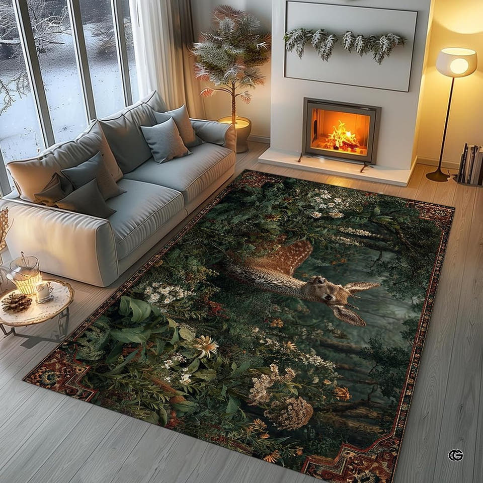 Winter deer area rug featuring an antlered buck surrounded by snowy pine branches placed in a living room.