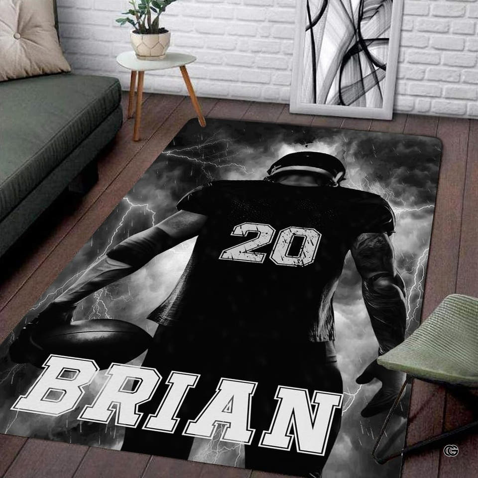 Living room floor setting featuring a thunderstorm football player lightning athletic area rug