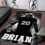 Living room floor setting featuring a thunderstorm football player lightning athletic area rug