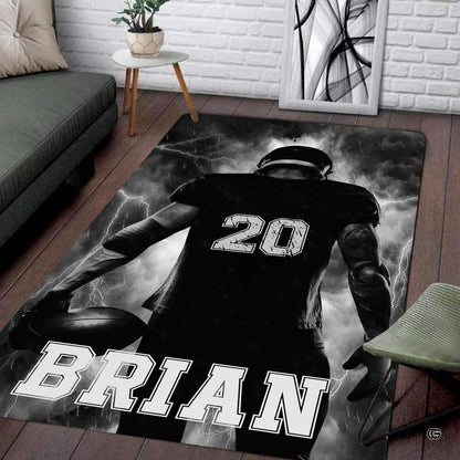 Living room floor setting featuring a thunderstorm football player lightning athletic area rug - thumbnail image 1 of 7