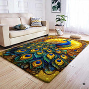 Overhead display of jewel-toned peacock feather art rug centered across interior wood flooring. - thumbnail image 4 of 7