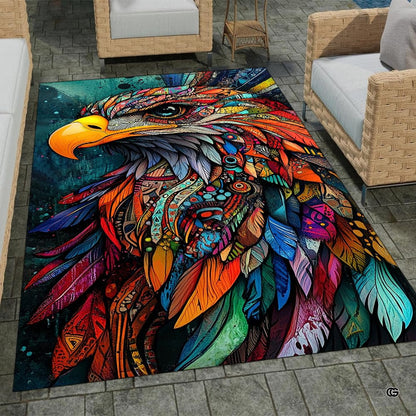Mandala eagle area rug placed alongside living room couch and accent furniture. - thumbnail image 7 of 7