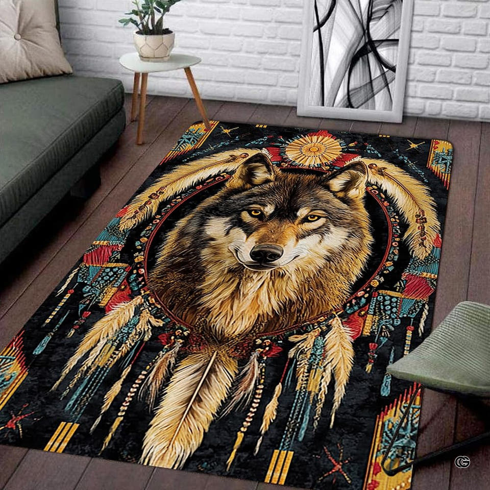 Wolf dreamcatcher Southwestern area rug displaying intricate beadwork and turquoise feather accents