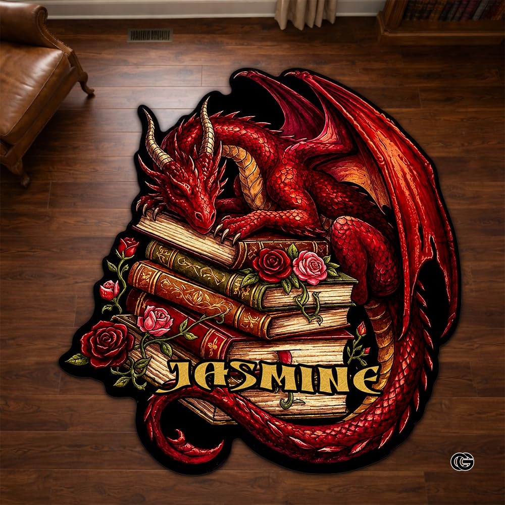 Custom Dragon Shaped Area Rug, Personalized Library Western Dragon Shaped Floor Mat Book Rug, Non-Slip Reading Room Carpet for Living Room, Bedroom, Dorm, Kids Room, Fans Lover (D1)
