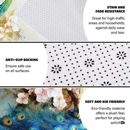 Infographic showing the non-skid dot backing and edge stitching of the peacock rug - thumbnail image 4 of 8