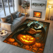 Black winged dragon reading a spellbook while sitting on a carved glowing Halloween pumpkin surrounded by autumn leaves area rug. - thumbnail image 3 of 8