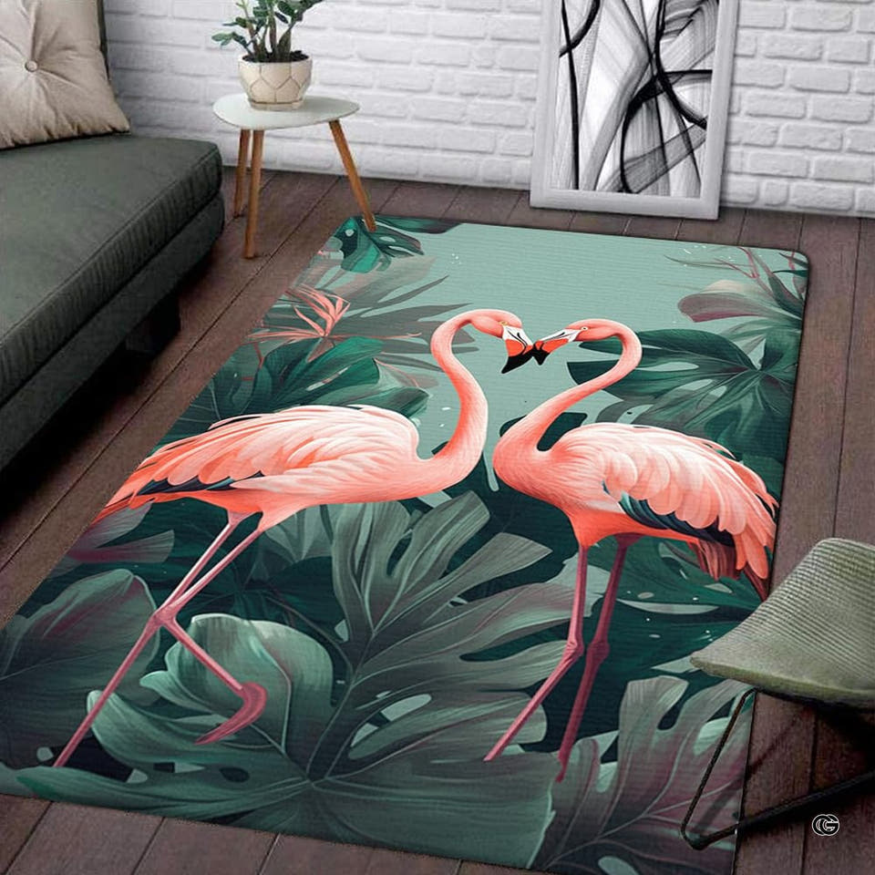 Rectangular floor area rug with twin flamingos in lush monstera jungle foliage on sage background