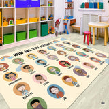 Feelings and emotions classroom display area rug showing cartoon portrait vignettes on a cream ground.