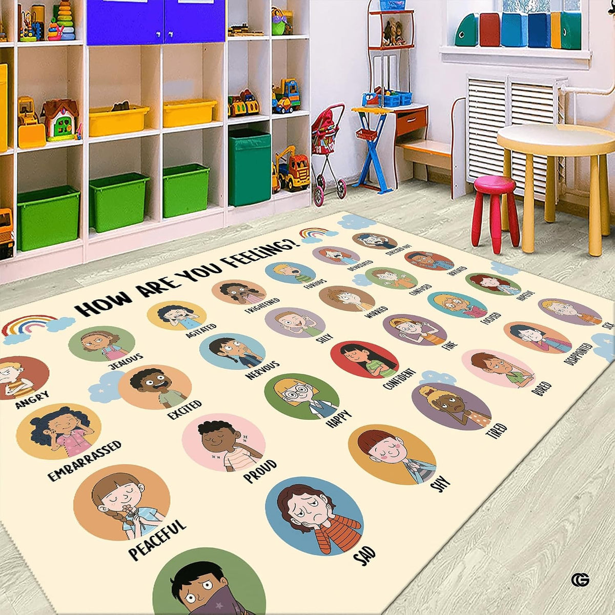 Feelings and emotions classroom display area rug showing cartoon portrait vignettes on a cream ground. - image 1 of 7