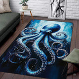 Deep ocean blue kraken octopus illustration rectangular area rug.