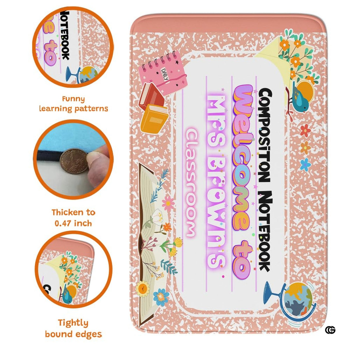 Reading nook layout showing the warm peach rug beside books and seating - image 6 of 8