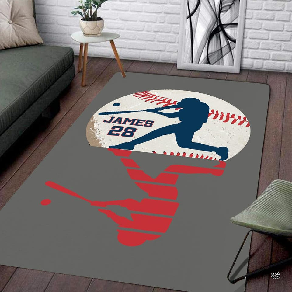 Baseball sports team area rug showcasing a batter silhouette with red seams on dark gray.