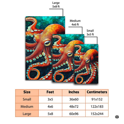 Dimensions and sizing chart for vivid orange kraken octopus living room area rug - thumbnail image 2 of 7