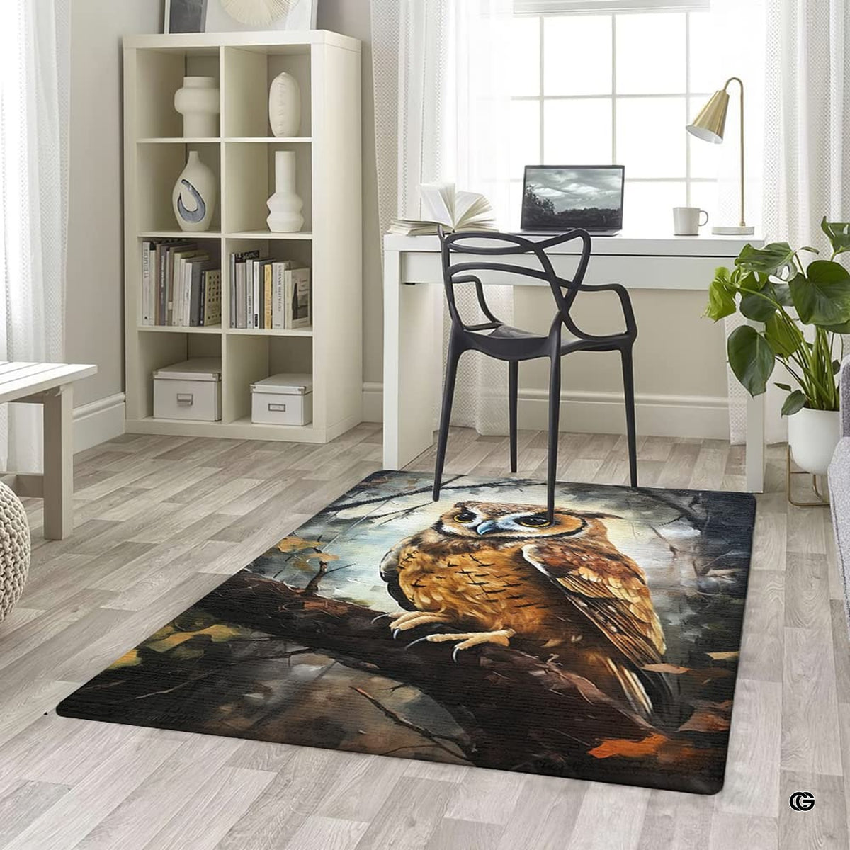 Wildlife owl area rug shown in rustic lodge cabin living room. - image 5 of 8