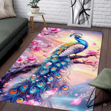 Living room setting featuring a cherry blossom sunset peacock wildlife area rug