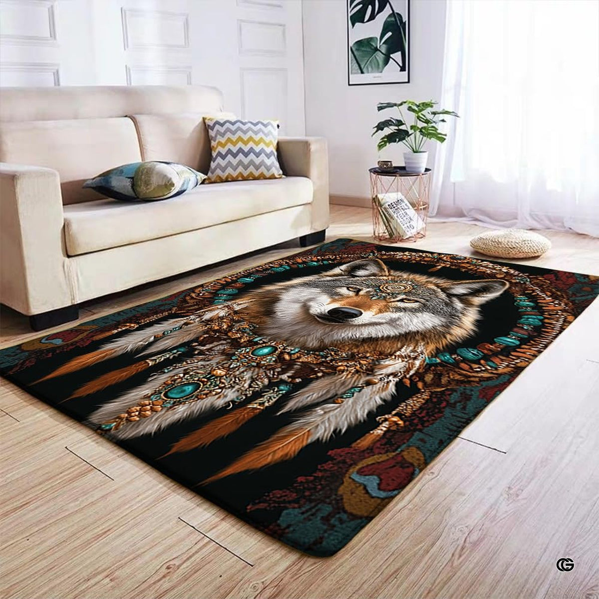Infographic detailing the anti-slip dotted backing and durable edge stitching of the rug