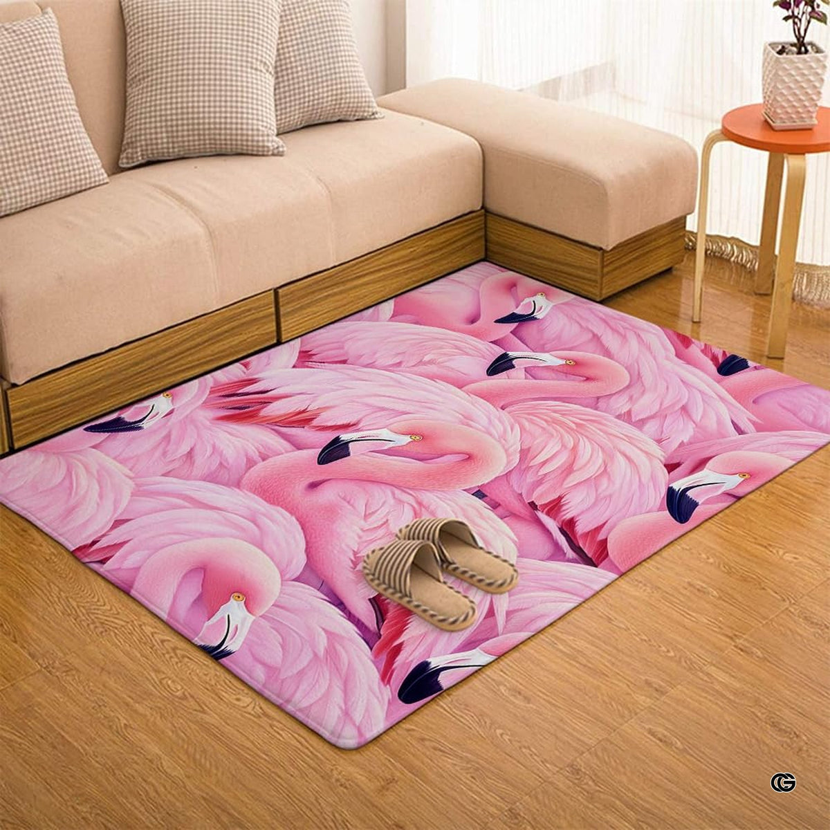 Detailed view of pink plumage, curving necks, and black-tipped beaks on an area rug. - image 2 of 7