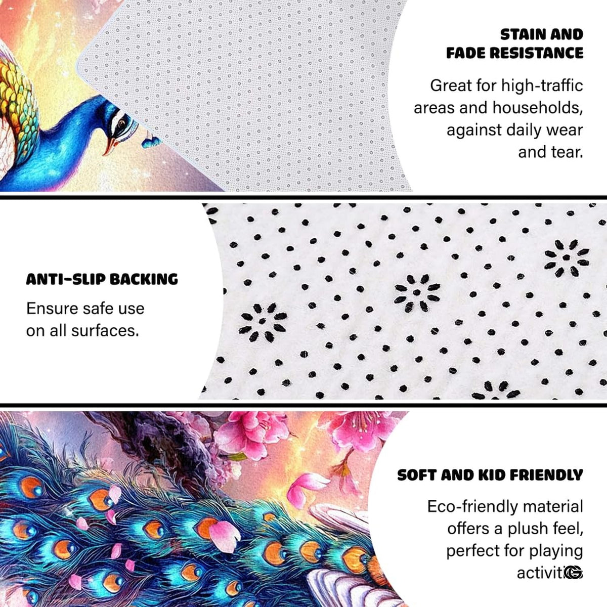 Infographic showing the non-skid dot backing and edge stitching of the peacock rug