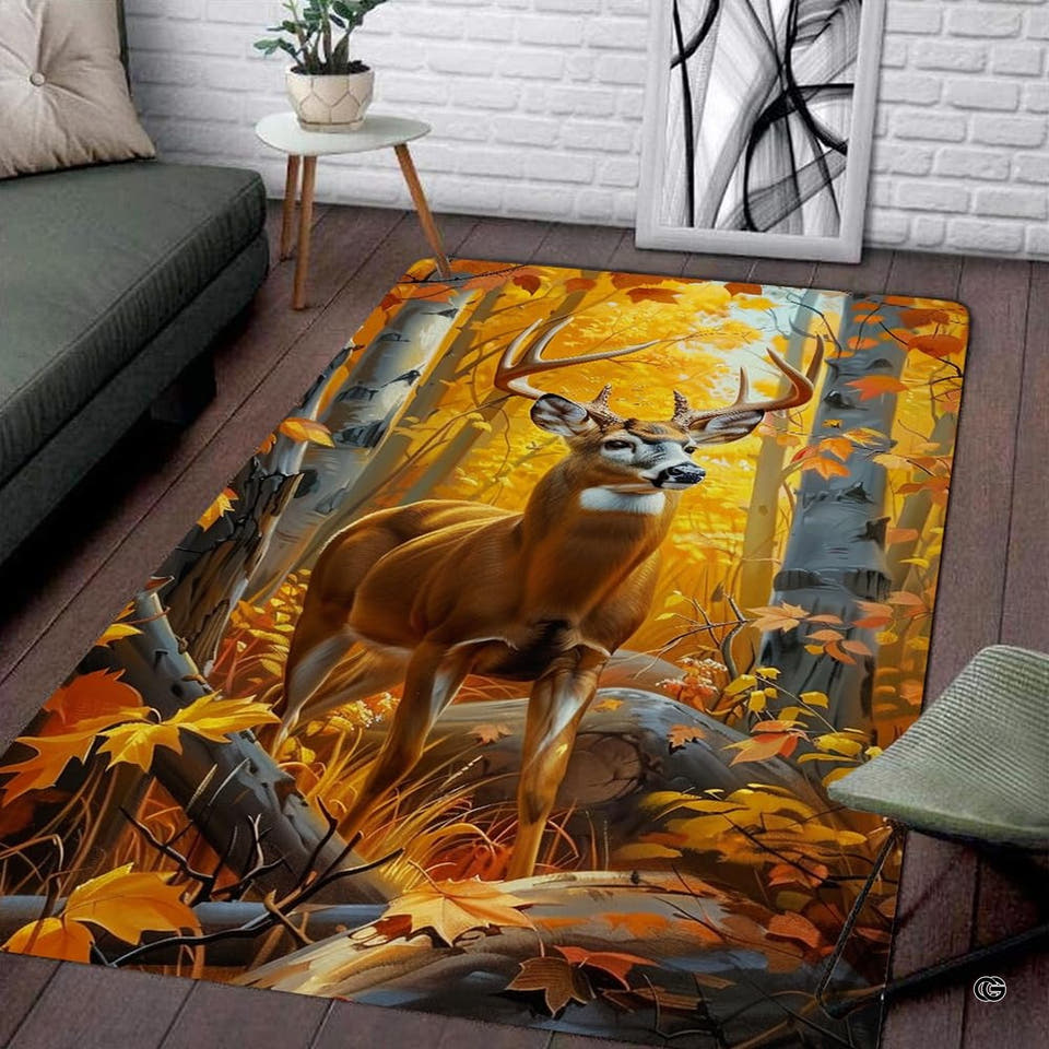 Whitetail buck deer with large antlers standing among golden autumn leaves in a forest on an area rug