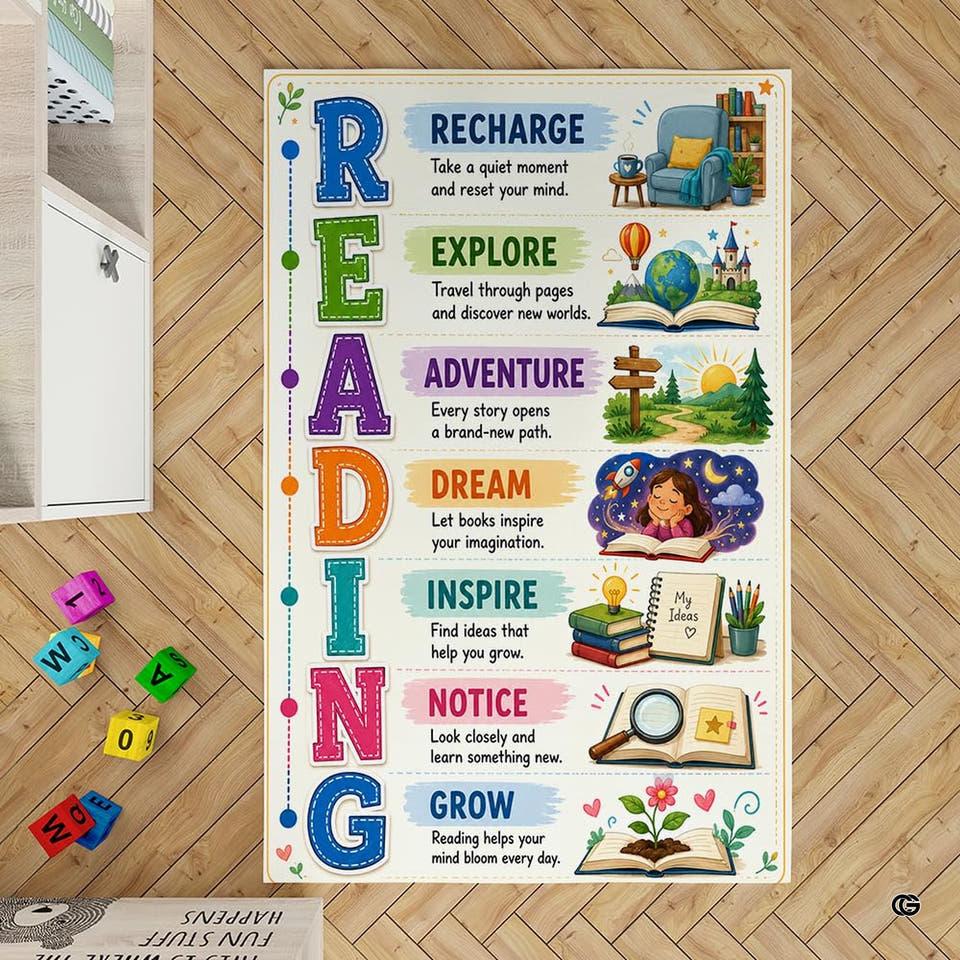 Top-down view of storybook decorative accent art area rug showing stitched-decorative accent block letters and whimsical...