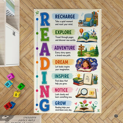 Top-down view of storybook decorative accent art area rug showing stitched-decorative accent block letters and whimsical... - thumbnail image 2 of 7