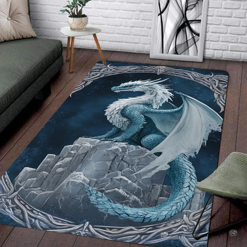 Living room seating setup featuring the frost ice dragon celtic mountain peak fantasy area rug