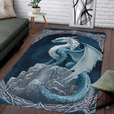 Living room seating setup featuring the frost ice dragon celtic mountain peak fantasy area rug