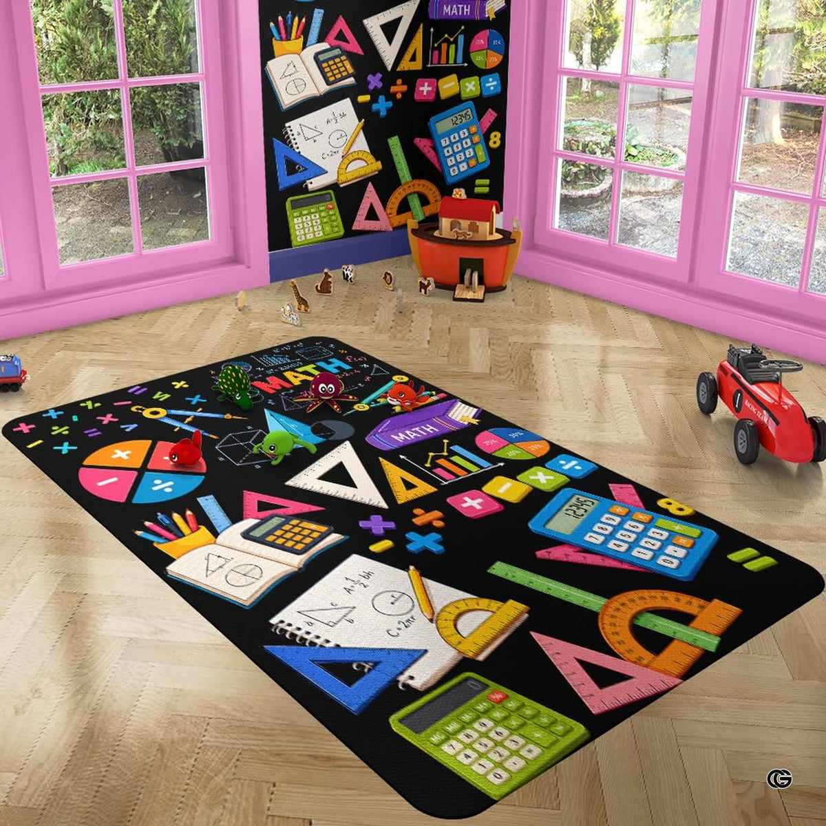 Math tools area rug styled on hardwood flooring in school classroom.