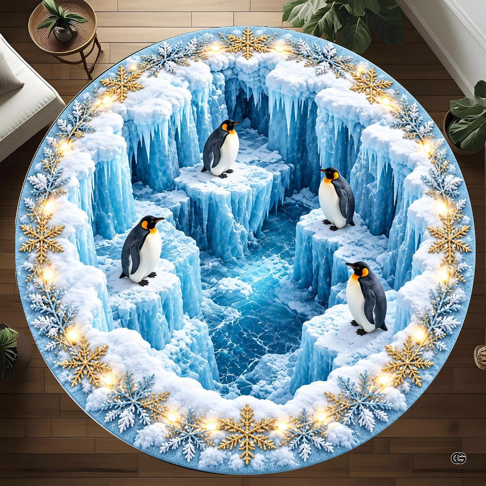 Round penguin rug with 3D glacial perspective and emperor penguins overlooking frozen streams.