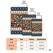 Overhead view of Southwestern tribal area rug with radiating feathers, arrows, and geometric bands. - thumbnail image 2 of 7