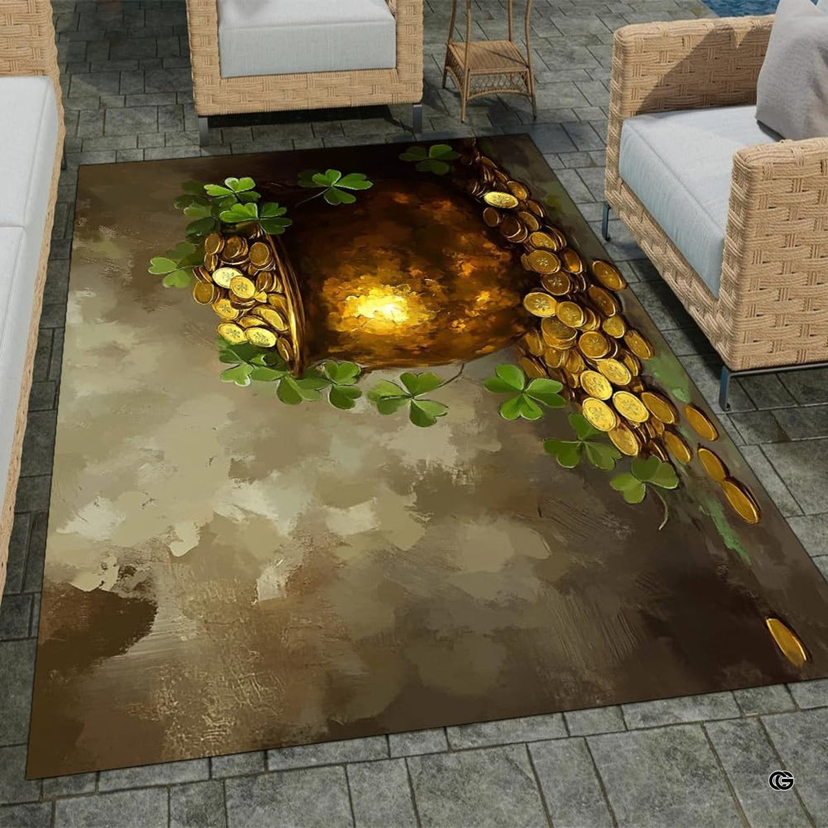 Home lounge setup displaying the festive pot of gold clover floor carpet
