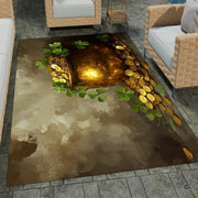 Home lounge setup displaying the festive pot of gold clover floor carpet - thumbnail image 7 of 9