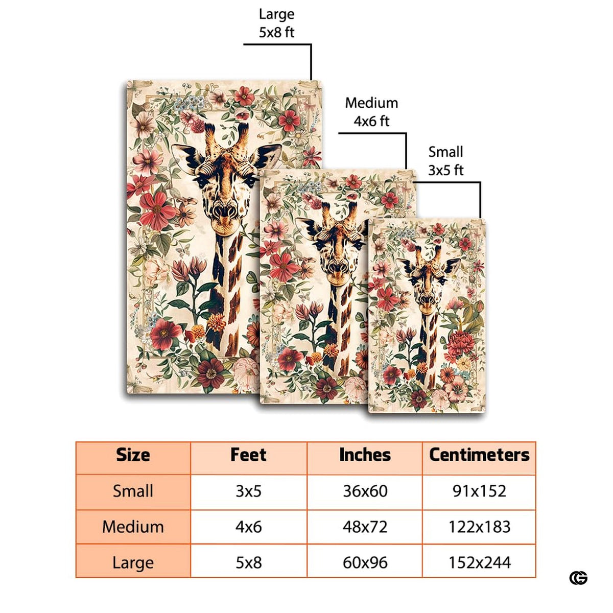 Overhead floor layout view of the parchment beige vintage floral giraffe area rug