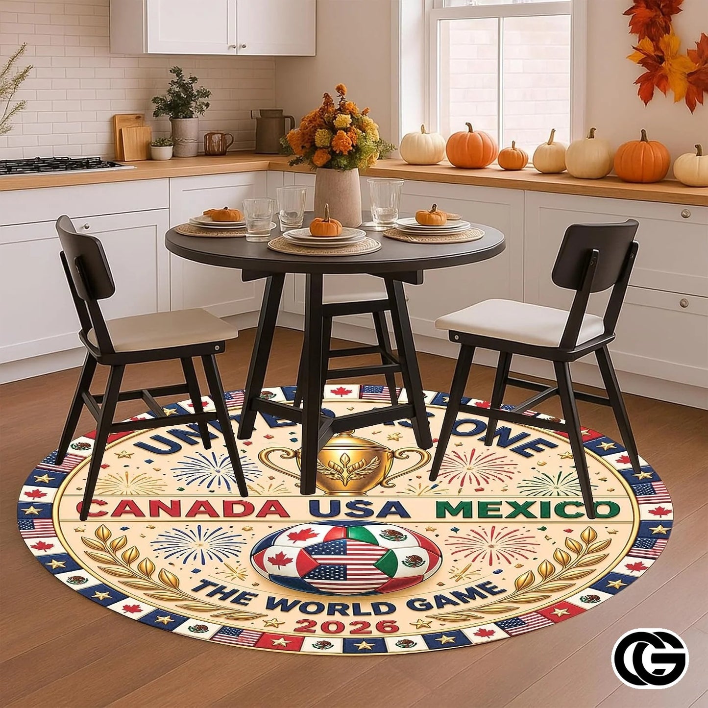 Custom Soccer Round Rug with Championship Trophy and Flags - D10