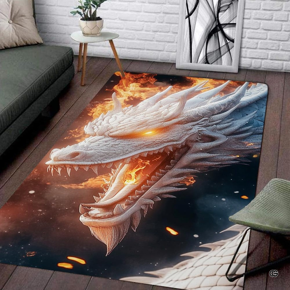 Ferocious mythical white dragon area rug breathing fire decorative accent starry cosmic background.