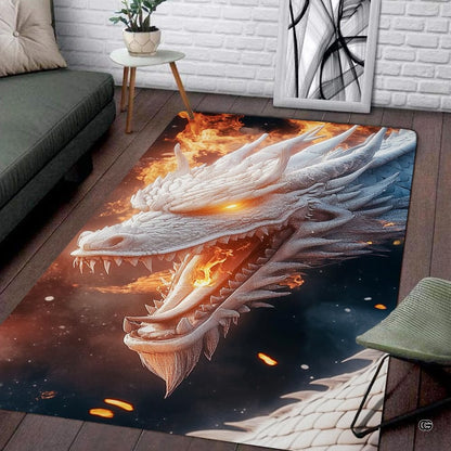 Ferocious mythical white dragon area rug breathing fire decorative accent starry cosmic background. - thumbnail image 1 of 7
