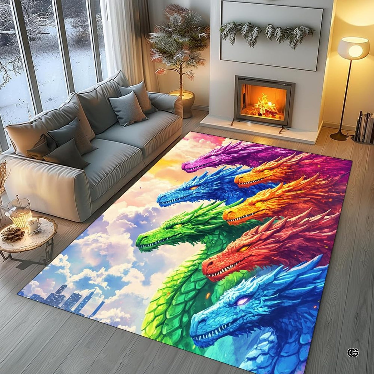 Bright area rug showcasing mythic dragon heads flying across colorful sky above distant cityscape