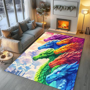 Bright area rug showcasing mythic dragon heads flying across colorful sky above distant cityscape - thumbnail image 5 of 8
