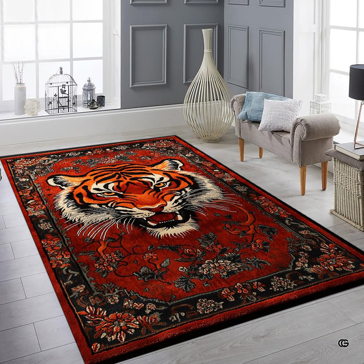 Bright interior decor setup featuring the Persian floral tiger floor carpet
