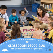 Close-up view of smiling rainbow, bee, and pencil illustrations on decorative area rug. - thumbnail image 3 of 7