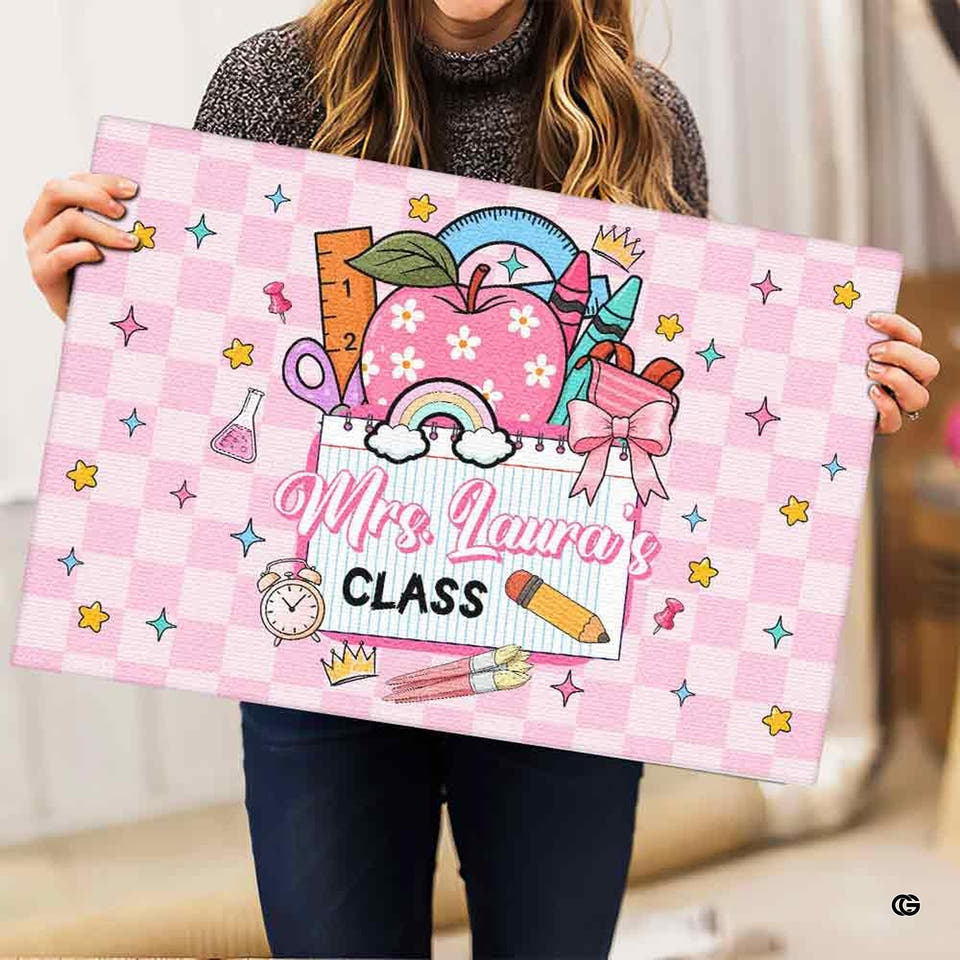 Personalized Teacher Welcome Door Mat with Name, Composition Notebook Style, Perfect Classroom Decor & Back to School Gift for Teachers (Cute Class)