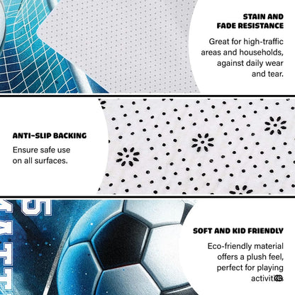 Decor styling featuring a soccer goal art rug placed near gym floor mats for garage workout zones. - thumbnail image 4 of 8