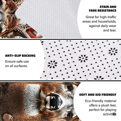 Wildlife buck flag carpet design styling a den alongside leather furniture. - thumbnail image 6 of 7