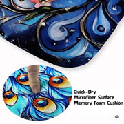 Close-up view of peacock feathers, golden eye-spot detailing, and peach floral accents on botanical floor rug. - thumbnail image 3 of 8