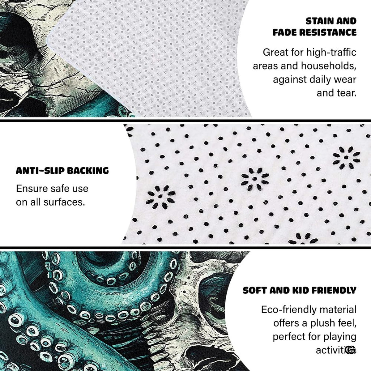 Soft low-pile microfiber surface texture on gothic kraken octopus sports area rug