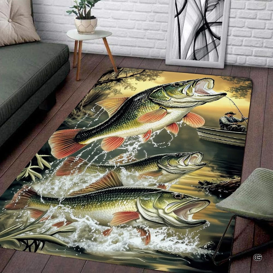 Rustic lodge area rugs showing jumping bass fish and fisherman rowboat artwork under amber sunset.