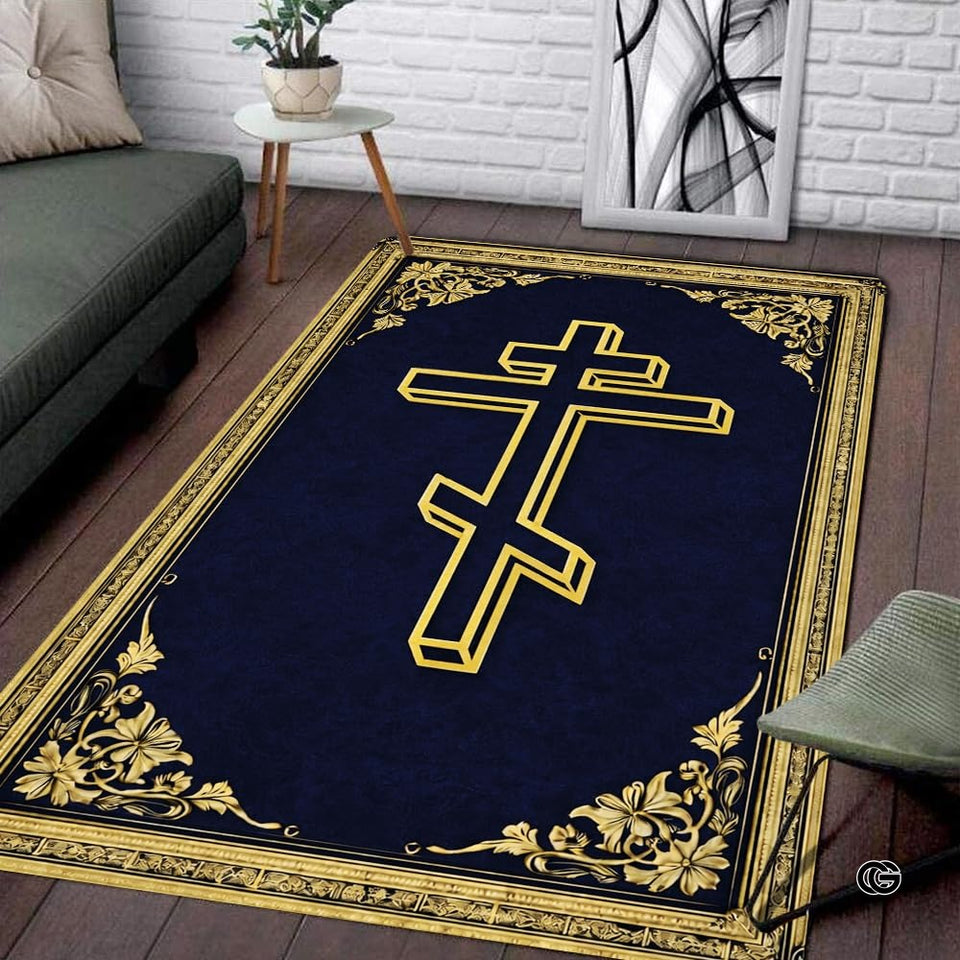 Personalized Orthodox Christian Area Rug, Custom Eastern Orthodox Russian Greek Byzantine Non-Slip Rug for Women Men, IC XC Nika Cross Mat for Living Room, Bedroom, Church Decor (D1)