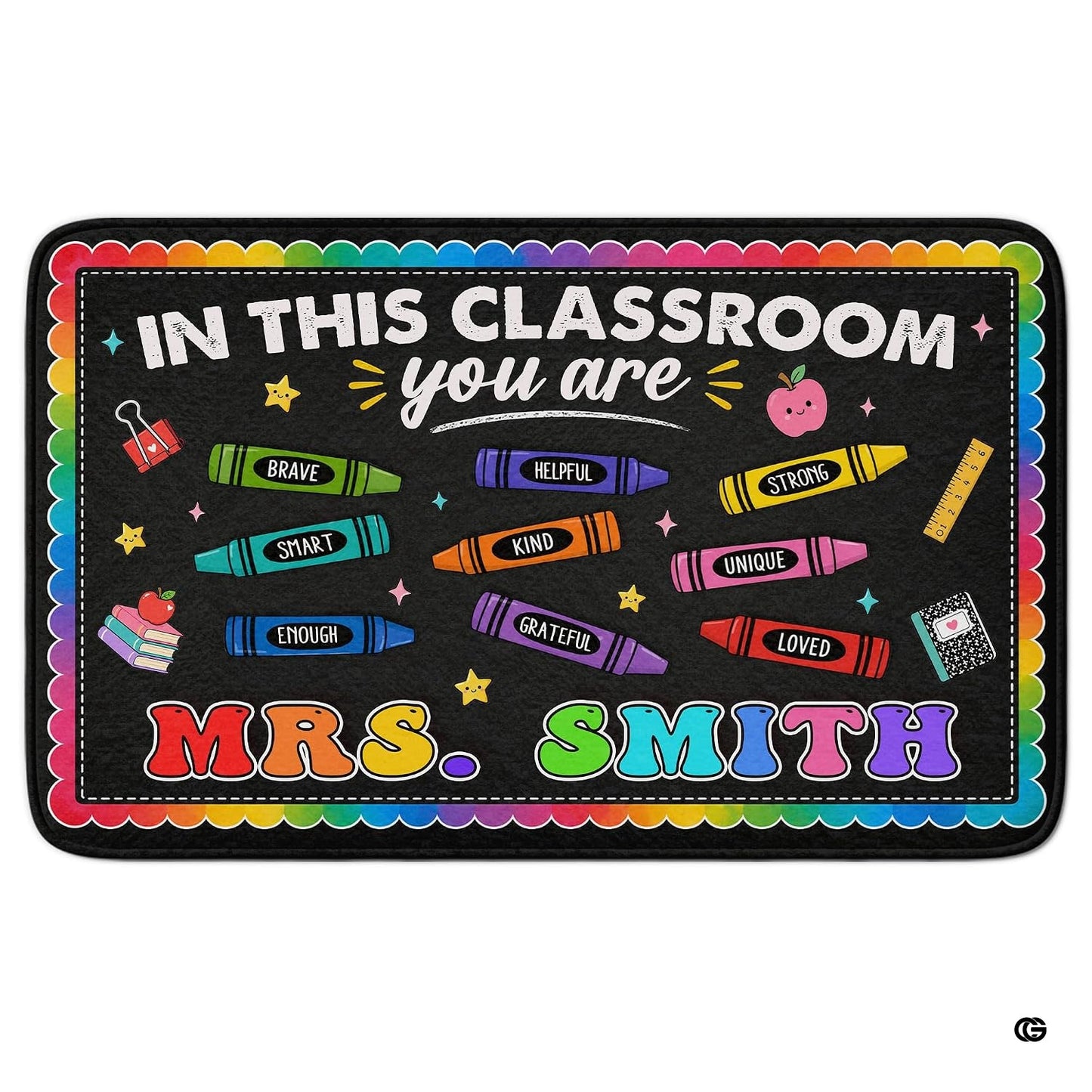 Personalized Teacher Classroom Rug, Custom Back to School Welcome Mat with Name, Kindergarten Preschool Elementary Decor, Composition Notebook Carpet (A01)